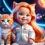 Placeholder: (masterpiece, best quality, 8k, RAW photo, beautiful and aesthetic:1.2), complex detail, Indirect light, photorealistic, (((full body))), Cosmic Boss Baby style smiling, long curved clear hair , with a ginger cat companion, colorfull Sci-Fi environment