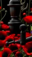 Placeholder: A small wooden hammer near a black pistol, red lipstick in a dark garden filled with red poppies.Cinematic and realistic image