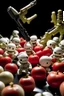 Placeholder: army of marshmallows living angry and armed in a fight with tomatoes in space