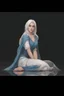 Placeholder: Dnd character on her knees. A female Aaismar twilight cleric with white hair and blue eyes, wearing gray robes. Etreal, beautiful, sexy, off shoulder dress