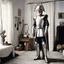 Placeholder: jean Rochefort standing in his bedroom as the don quixote of pablo picasso: he is foutraque, in half silver armour, a painted kabyle pot on his head, sandals on his feet, executing a sally walk