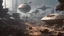 Placeholder: futuristic sci-fi clearing in a scrap yard for spaceships, surrounded by broken and rusty space ships and buildings from ground level, star wars