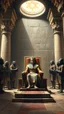 Placeholder: Bosch painting style inside an Egyption ancient castle with pharaoh sitting on a throne surrounded by his guards