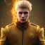 Placeholder: Male, Human, Blond, Sorcerer, Fire Mage, Golden Eyes, Young, Photorealism, Full Body Shot, Forest Background