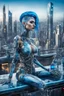 Placeholder: A beautyful biomechanical woman with tranparent glass body and blue hair, sitting in the cyberpunk rooftop bar in futuristic city, intricate details, HDR, beautifully shot, hyperrealistic, sharp focus, 64 megapixels, perfect composition, high contrast, cinematic