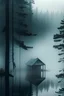 Placeholder: lakes overlooking a cabin in a pine woods misty