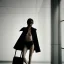 Placeholder: A tall slender naked young woman with short hair and a black trench coat longingly waiting for a lover at an airport