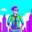 Placeholder: old school cartoon style character gay man wearing pride flag clothing nice background city view facing camera