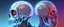 Placeholder: multiple glass human skulls, high temperature, glowing blue on the bottom, glowing red on the top, large blue red and orange flame coming from under and behind hovering in high in the sky, contrasting colors precisionism psychedelic art surrealism street art digital illustration wet wash 64 megapixels 8K resolution 8K resolution telephoto lens telephoto sharp focus Unreal Engine 5 VRay radiant retro futuristic galactic