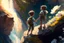 Placeholder: a boy is hanging on the edge of a cliff, holding on, another boy is helping him, holding his hand from above, flowers on the edge of the cliff, waterfall in the sunlight in the background