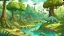 Placeholder: Cartoon illustration for children: Cenozoic jurassic swamp, millions of years ago, with towering prehistoric trees and strange lloking gigantic plants