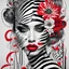 Placeholder: A surreal creation of a portrait of a particularly beautiful and attractive woman whose face is made of black and white lines like a zebra, beautiful and big red lips, touches of decorations and red flowers, a work of art, an art with a vision