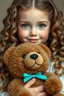 Placeholder: hiper realistic 4-5 year old cute beauty girl With beach wavy dimensional melange hair. With deep real smiling green eyes and brow long hair. Holding a big brown bear-toy. Near her to stay very cutte puppy