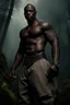 Placeholder: Alimi Ballard Very muscular man bald with tribal tattoos bare chested in forest, realistic face, close-up, dark fantasy, smoke in the sky, intricate details, hyper detailed