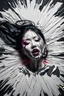 Placeholder: paper portrait of Goth Asian woman, lying pose, face distorted with pain, reverse colors, screaming, tears streaming from eyes, glitchcore, horror, ultra realist texture,