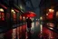 Placeholder: a man under a red umbrella, it's raining hard, it's night, lights from shops and a nearby hotel, cobblestone floor, city square, 16K, realistic photography