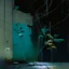 Placeholder: Minimal abstract oil painting of a plants in concrete warehouse brutalist architecture and hanging wires illuminated at night. With triadic colours. In the style of Justin Mortimer and Phil Hale, Ashley Wood