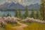 Placeholder: Sunny day, mountains, flowers, pathway, pine trees, lake, distant trees, theodore robinson impressionism painting