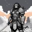 Placeholder: [comics Head Lopper style by Andrew MacLean] a gorilla female with dreadlocks, clad in intricate samurai armor, stood poised on high guard, her keen eyes scanning the horizon for any sign of danger. In her powerful grip, she wielded a gleaming katana, its blade reflecting the light with a deadly glint.