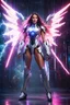 Placeholder: Gorgeous Photography realistic neon lightning around, epic scene of the super model beautiful European long hair as woman Angel with cyborg gundam robotic,full body, lightning, sharp focus, fantasy, concept art, dynamic lighting, epic composition