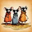 Placeholder: Three blind mice, dark sunglasses, dramatic, warm colors, dynamic diagonal composition, by Joel Pett and Ben Goossens, color ink illustration, concept art, warm colors, opulent shadows, by Colin McCahon