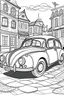 Placeholder: coloring page, car fusca alternative parked on the street, cartoon style, thick lines, few details, no shadows, no colors