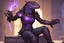 Placeholder: a cute, black and purple, female argonian artificer who uses Tesla coils, skinny, wearing little armor, in her lab