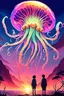 Placeholder: DALL-E 3 P: P: A stunning oil painting in anime style depicting a scary yet colorful creature with translucent, luminous qualities like a jellyfish. The creature has many detailed, iridescent eyes, multiple arms, and large ears. This creature is set against the backdrop of an incredible alien paradise planet at sunset, with vibrant colors and exaggerated perspective. The masterpiece showcases mother of pearl iridescence and holographic whites, creating a terrifying and horror-like atmosphere. Th