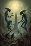 Placeholder: Aliens vs humans fight around metal epic Echo of Ruins , Bosch painting style nightmare