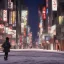 Placeholder: behind photo A young boy walking streets in tokyo, night, snow, post apocalyptic, destruct