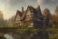 Placeholder: portrait of a tudor manor house on a street, fishpond architecture, highly detailed, blue sky, cinematic lighting, digital art painting by greg rutkowski