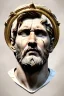 Placeholder: Ultra Realistic image, Roman sculpture, white marble material, Lionel Messi, gold Laurel leaves wreath, renaissance ornaments, radial gold lines, one gold star in heart, radial composition, geometric ornaments, blue marble background, chisel style, waist up portrait, emperor style, epic, celestial, cinematic lighting, God light, god rays, 4k resolution, smooth details, ornate details, soft lighting, unreal engine 5, art station, substance 3d.