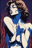 Placeholder: Create an intense, evocative portrait in the Japanese retro anime style of the 80s and 90s. The scene features a male bathed in deep blue light, leaning against a wall with her arms raised, eyes closed in a moment of raw emotion. Her attire is minimal, accentuating the curves of her body and the dramatic shadows cast by the lighting. The background is stark, with sharp contrasts highlighting the contours of her form. The blue and black palette intensifies the mood, evoking a sense of mystery a