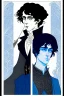 Placeholder: young black haired blue eyed wizard in the style of aubrey beardsley