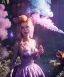 Placeholder: Ultra realistic wonderland photo, happy blonde woman smoking a shisha, blue dress, purple-cat friend, circus dress style, old school tattoo, smoke, marijuana garden, glow eyes, perfect iris, soft color, highly detailed, unreal engine 5, cinematic, ultra detail, volumetric lighting, high definition.