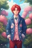 Placeholder: kind young sailor, man, red slightly curly hair, long jacket, pink-azure clothes, white floral pattern on the jacket, flower in the hair, stardew valley style