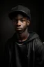 Placeholder: portrait of a tall 15 year old boy, full lips, cool hair, wearing a cap and baggy pants, black skin