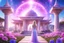 Placeholder: bellissima ragazza del futuro in primo piano con dietro un tempio magico di un altro pianeta con tetto aperto in stile ferico con natura e fiori rosa e azzurri e cristalli e gemme in giardino con due colonne di luce e cielo aperto luminoso.