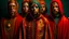 Placeholder: Five people with an average age of 30-40, wearing red and gold hooded cloaks with intricate designs, tribal markings face paint and a third eye symbol on their foreheads, standing in front of a teal background