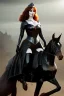 Placeholder: christina hendricks as evil queen in black leather gown on a horse, angry, stern look, volumetric lighting, particales,highly detailed,cinematic, deep colours,8