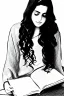 Placeholder: Pencil sketch of Young woman, Arab features,sad, long wavy hair, reading a book, full body، on lined paper