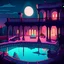 Placeholder: night sunset terrace of a villa with a pool in a vampire world cartoon