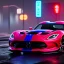 Placeholder: realistic dodge viper; in an alternate universe in tokyo; cyberpunk; rain; neon signs