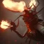 Placeholder: close-up of a horror insect with samurai armor produces smoke in a low-light city street with laterns, realistic, steampunk, 3d-art, futuristic, minimal design, unreal engine