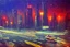 Placeholder: Night, futuristic buildings near trees, highway, people, sci-fi, realistic vision, impressionism painting