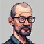 Placeholder: Pixel art. A portrait of an 50 year old balding man with round glasses, dark hair and a stubble beard. Hair color dark. Narrow nose. Shoulders high. White background. Style pixel art.