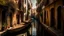 Placeholder: narrow Venetian canal with boats and buildings in the background, dappled lighting