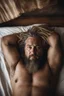 Placeholder: full figure photography, 35mm lens, burly gypsy man with short beard, dreadlocks, 45 years old lying over the sheets over a bed, with hands behind the head, manly armpits, ugly and dirty, manly chest, , big shoulders, chubby, manly chest,, with boxer, sad eyes, photorealistic , dim side light, ambient occlusion, in the dark , aerial view