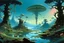 Placeholder: looking out over a lake, in an alien forest, flying mushrooms with jellyfish tenacles formed into gnarled trunks, Roger Dean