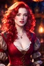 Placeholder: gorgeous female bard, detailed eyes, singing, pale skin, carefree expression, red wavy shoulder length hair, detailed glowing magical pattern adventurer clothing, glowing ruby implanted on clothes, 8k, high detail, tavern stage background, singing, medieval, looking at viewer, front facing